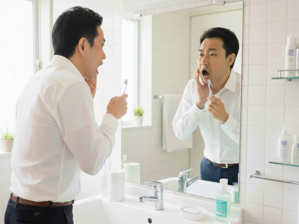 サラリーマン男性が洗面所で歯ブラシを持ち鏡を見ながら自身の口腔内をみているところ